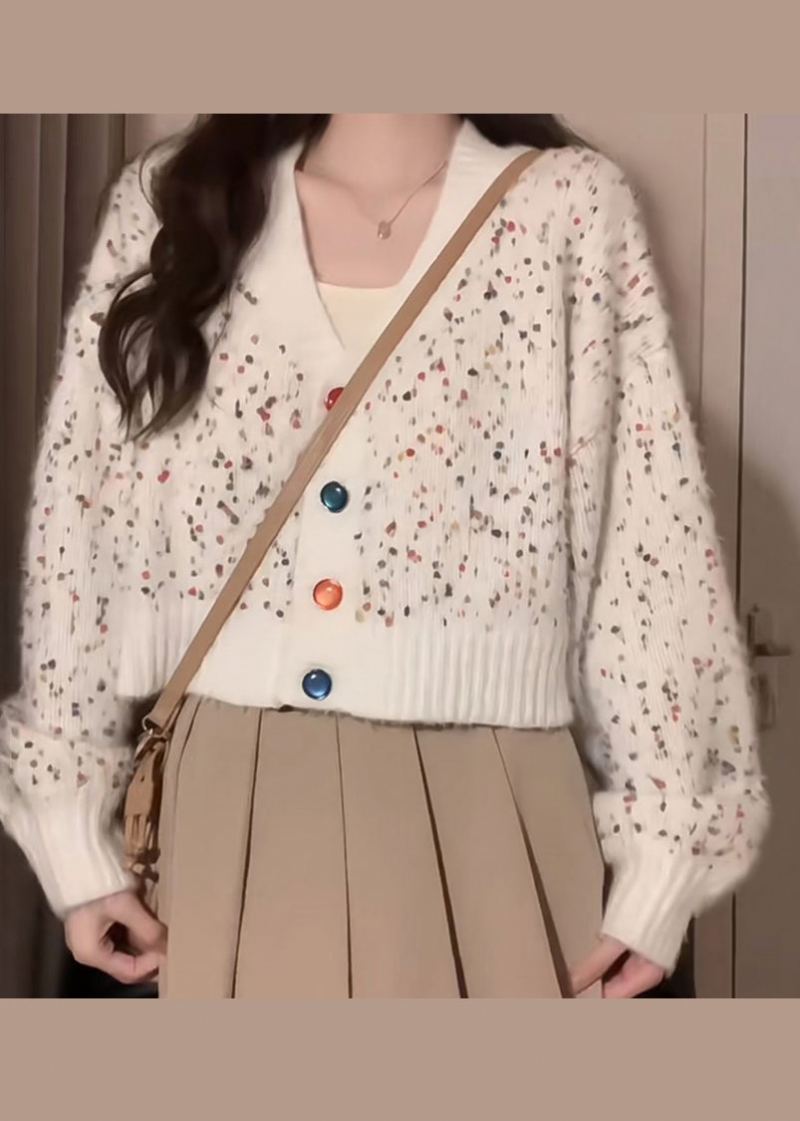 Cardigan Ample En Tricot Blanc Français Col En V Boutons Patchwork Automne - Cardigans femmes