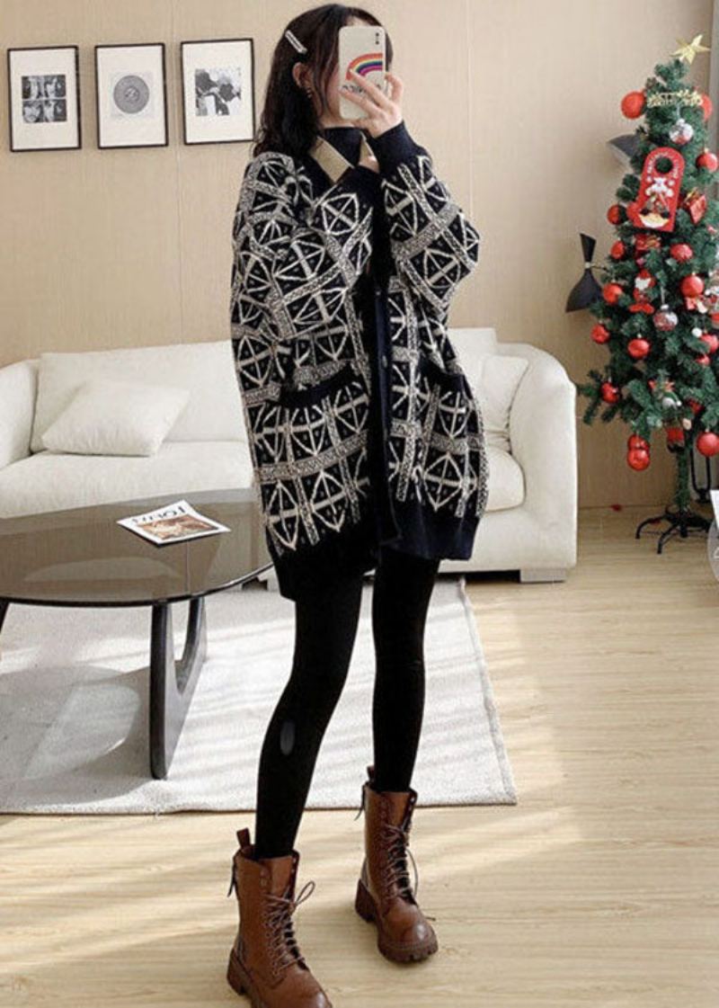 Cardigan Ample En Tricot Confortable Noir Élégant Avec Col En V Imprimé Hiver - Cardigans femmes