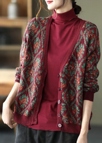 Cardigan Ample En Tricot Imprimé Mûrier Col En V Bouton Printemps