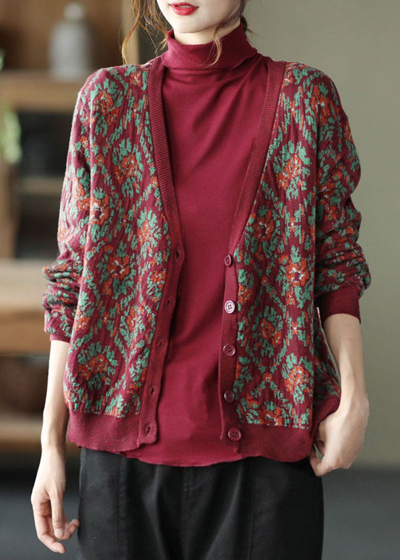 Cardigan Ample En Tricot Imprimé Mûrier Col En V Bouton Printemps - Cardigans femmes