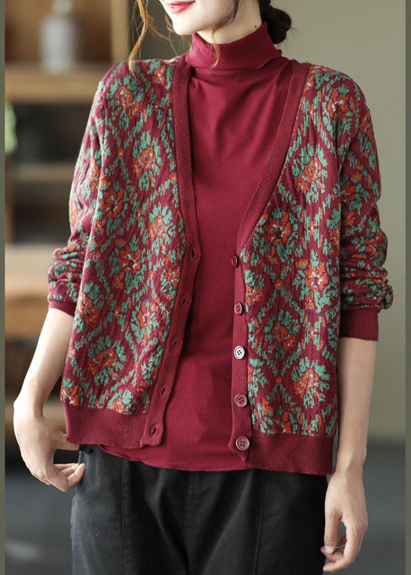 Cardigan Ample En Tricot Imprimé Mûrier Col En V Bouton Printemps - Cardigans femmes