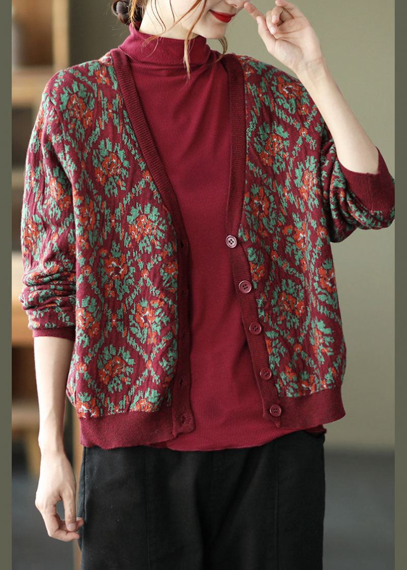 Cardigan Ample En Tricot Imprimé Mûrier Col En V Bouton Printemps - Cardigans femmes