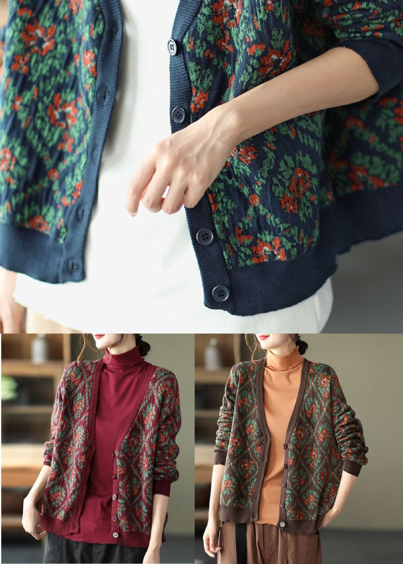 Cardigan Ample En Tricot Imprimé Mûrier Col En V Bouton Printemps - Cardigans femmes