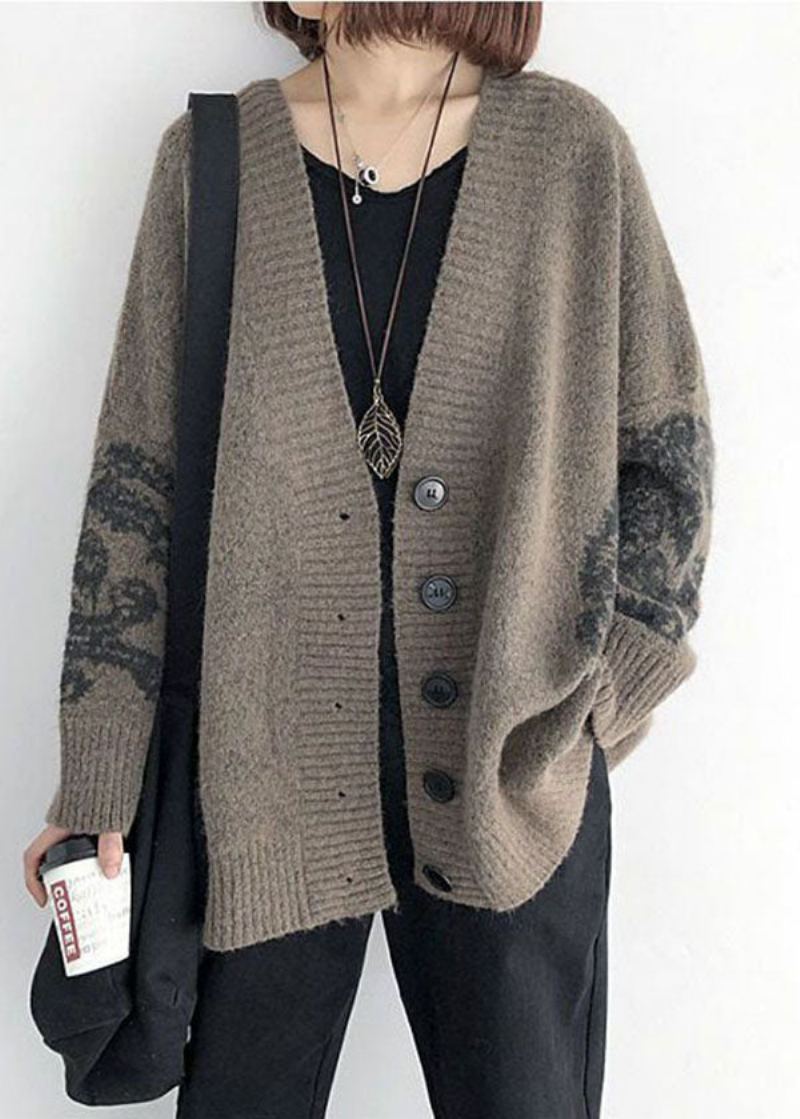 Cardigan Ample En Tricot Kaki Simple Col En V Imprimé Printemps - Cardigans femmes