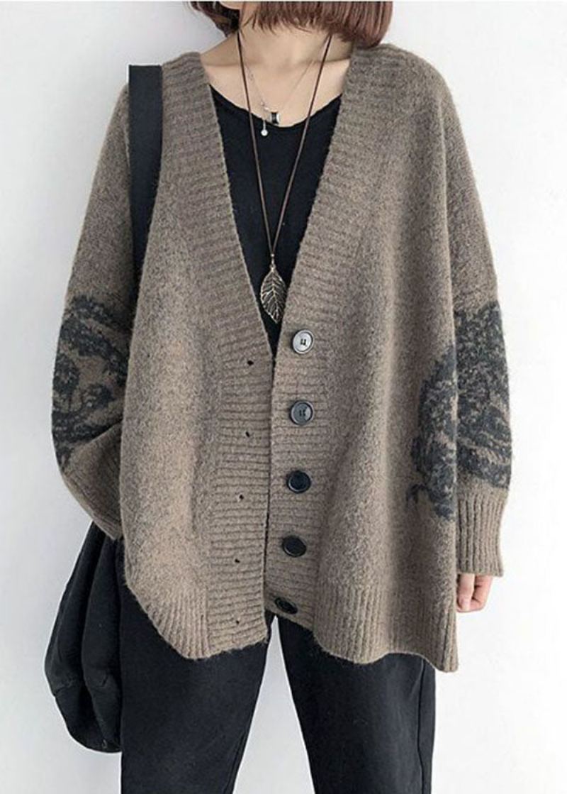 Cardigan Ample En Tricot Kaki Simple Col En V Imprimé Printemps - Cardigans femmes