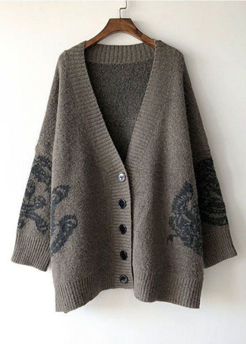 Cardigan Ample En Tricot Kaki Simple Col En V Imprimé Printemps - Cardigans femmes