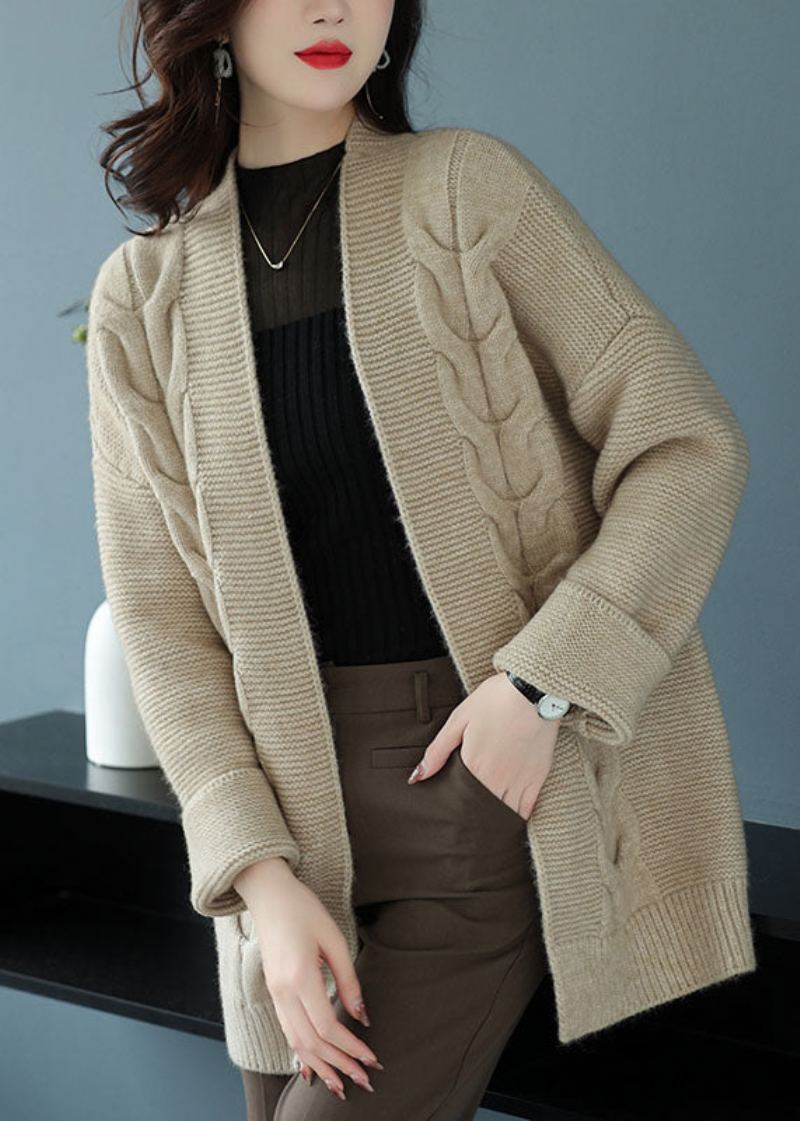 Cardigan Ample En Tricot De Laine Épaisse Beige Col En V Patchwork Automne