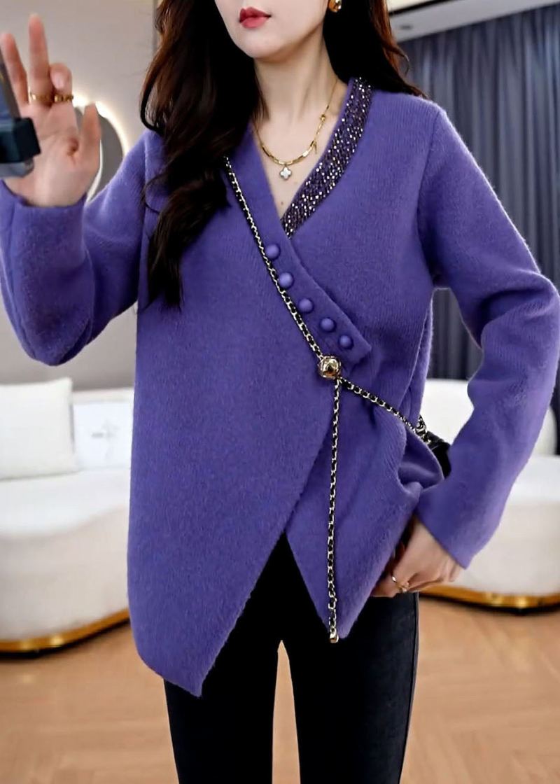 Cardigan Ample En Tricot Violet Français Col En V Design Asymétrique Printemps - Cardigans femmes