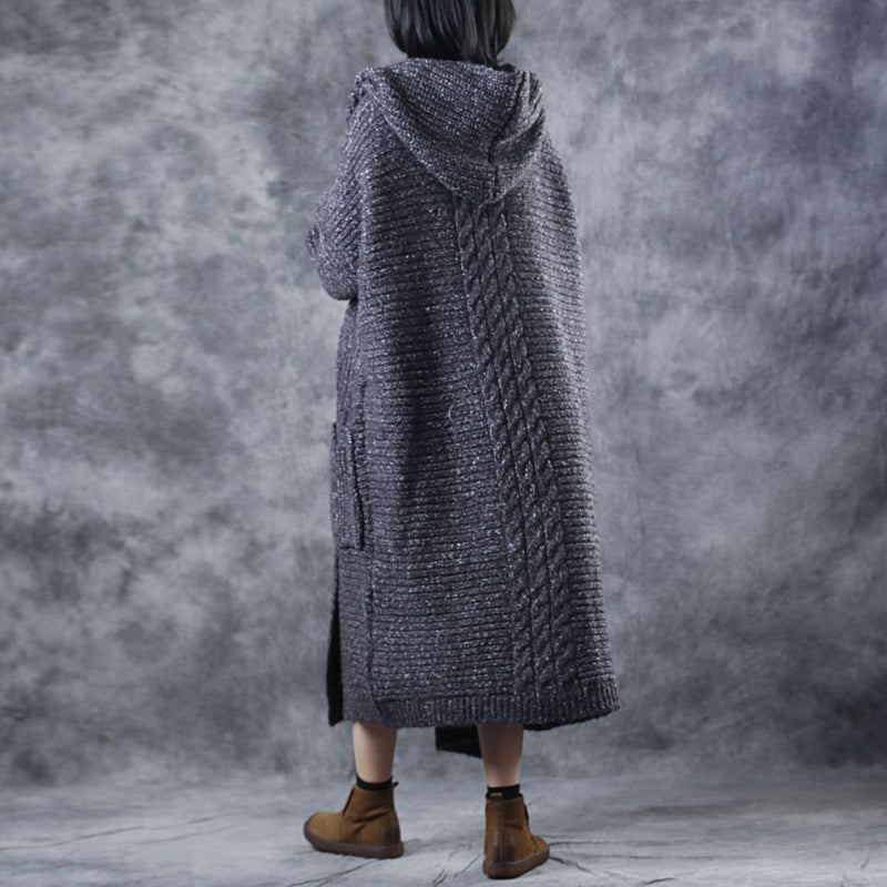 Cardigan D'automne À Manches Longues Avec Poches À Capuche En Tricot Gris Foncé Biologique - Cardigans femmes