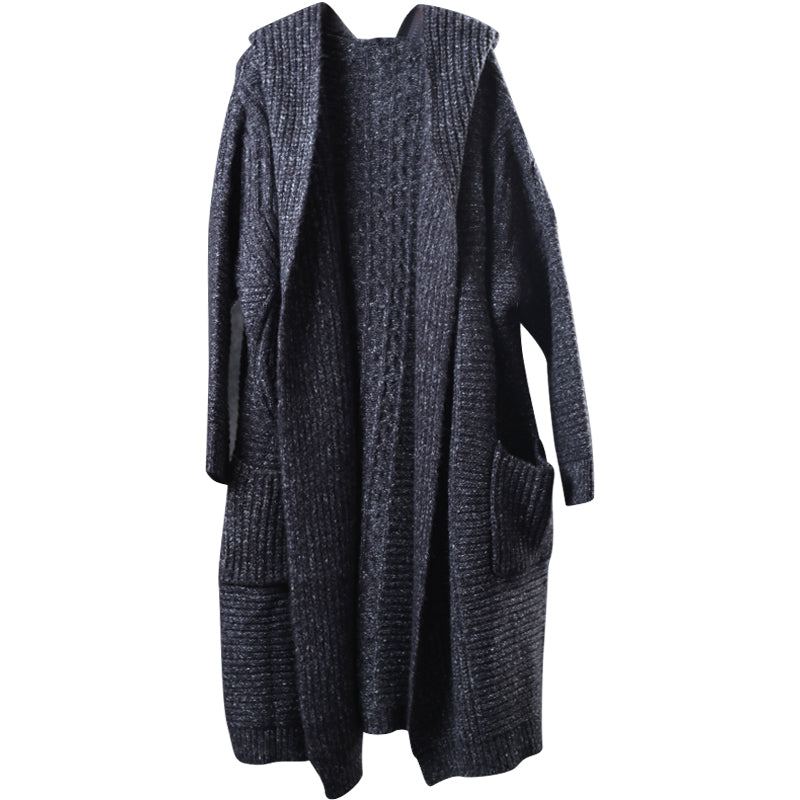 Cardigan D'automne À Manches Longues Avec Poches À Capuche En Tricot Gris Foncé Biologique - Cardigans femmes