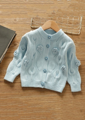 Cardigan Bleu Moderne À Col Rond Et Boutons En Tricot Pour Filles Automne