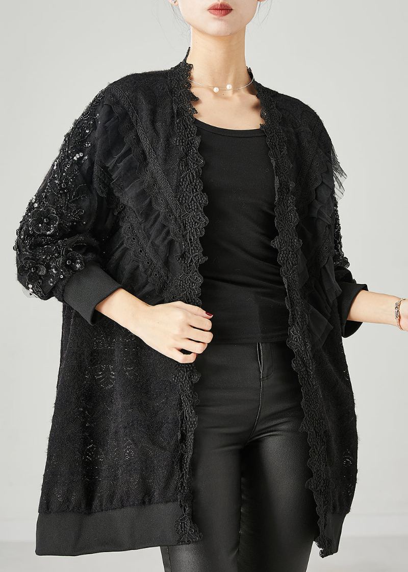 Cardigan Bohème Noir En Dentelle À Volants Et Perles Printemps - Cardigans femmes