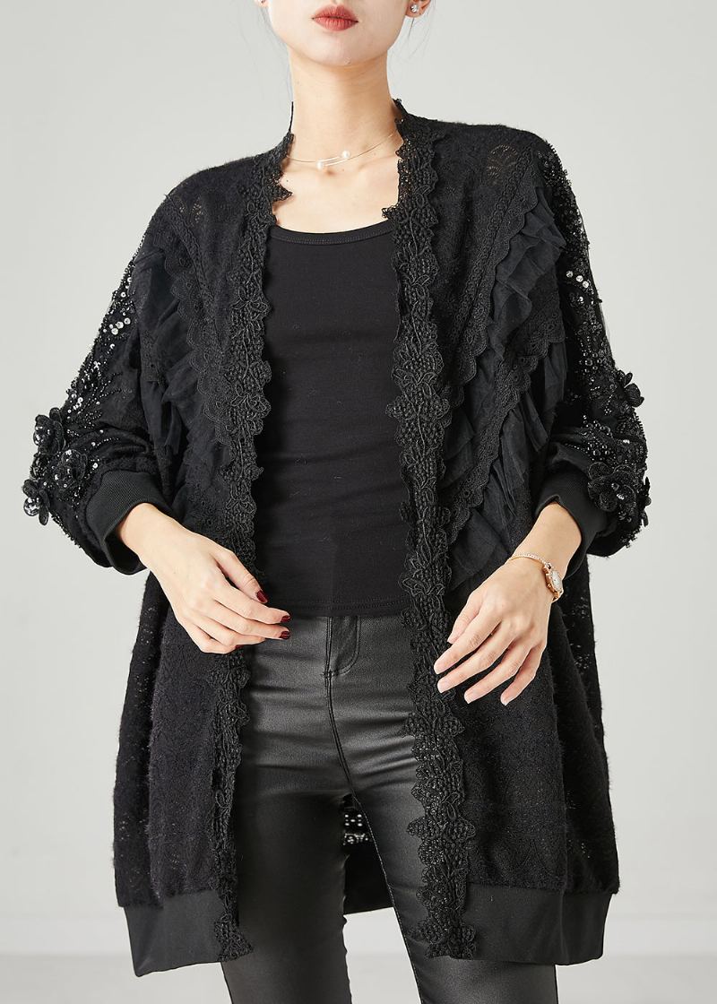 Cardigan Bohème Noir En Dentelle À Volants Et Perles Printemps - Cardigans femmes