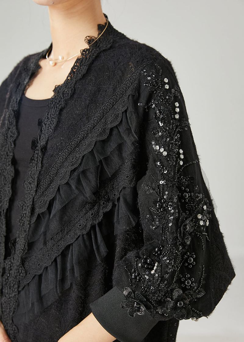 Cardigan Bohème Noir En Dentelle À Volants Et Perles Printemps - Cardigans femmes