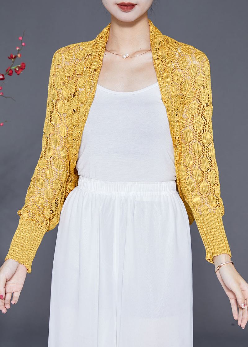 Cardigan Chic En Maille Évidé Surdimensionné Jaune Automne