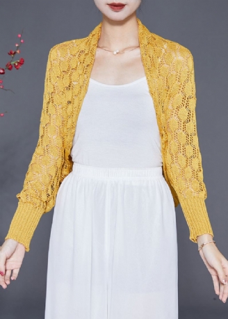 Cardigan Chic En Maille Évidé Surdimensionné Jaune Automne