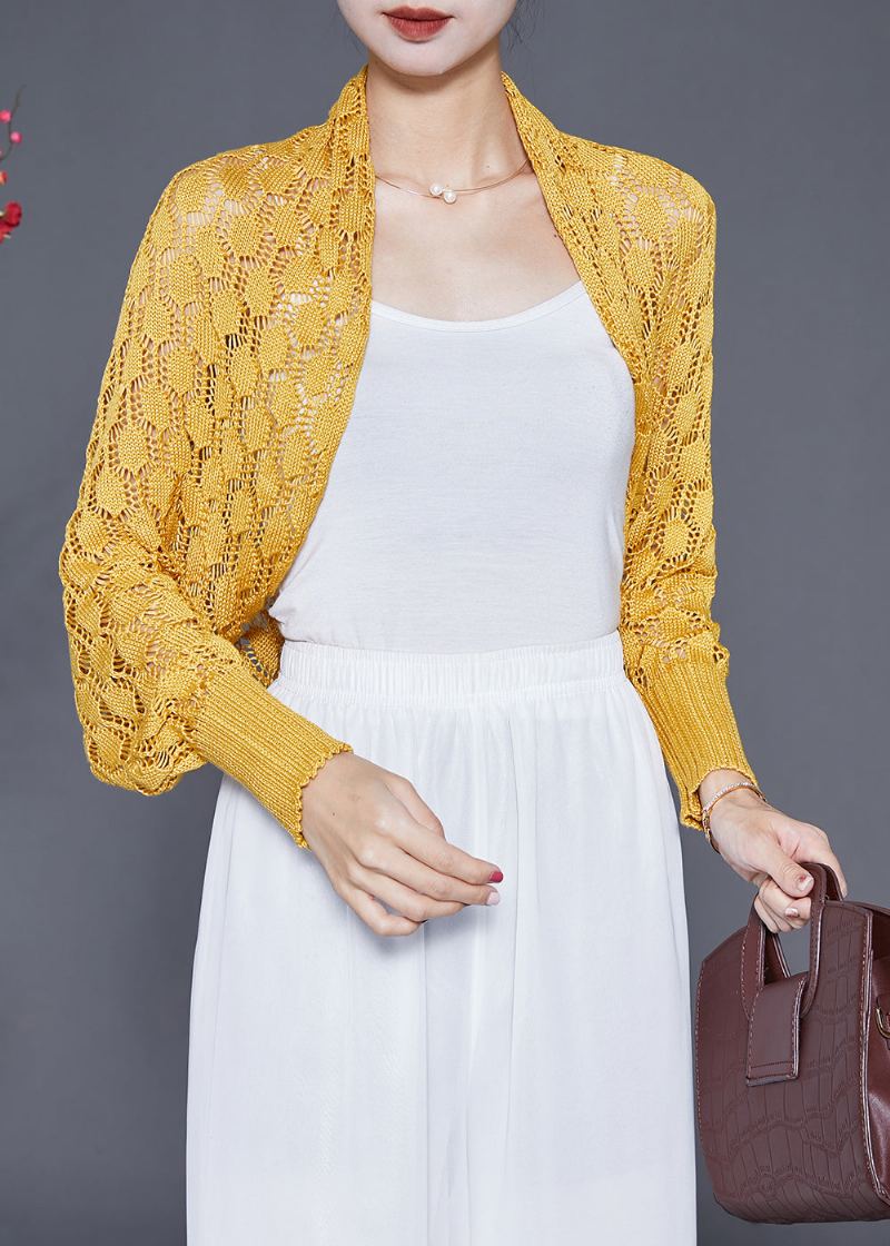 Cardigan Chic En Maille Évidé Surdimensionné Jaune Automne - Cardigans femmes