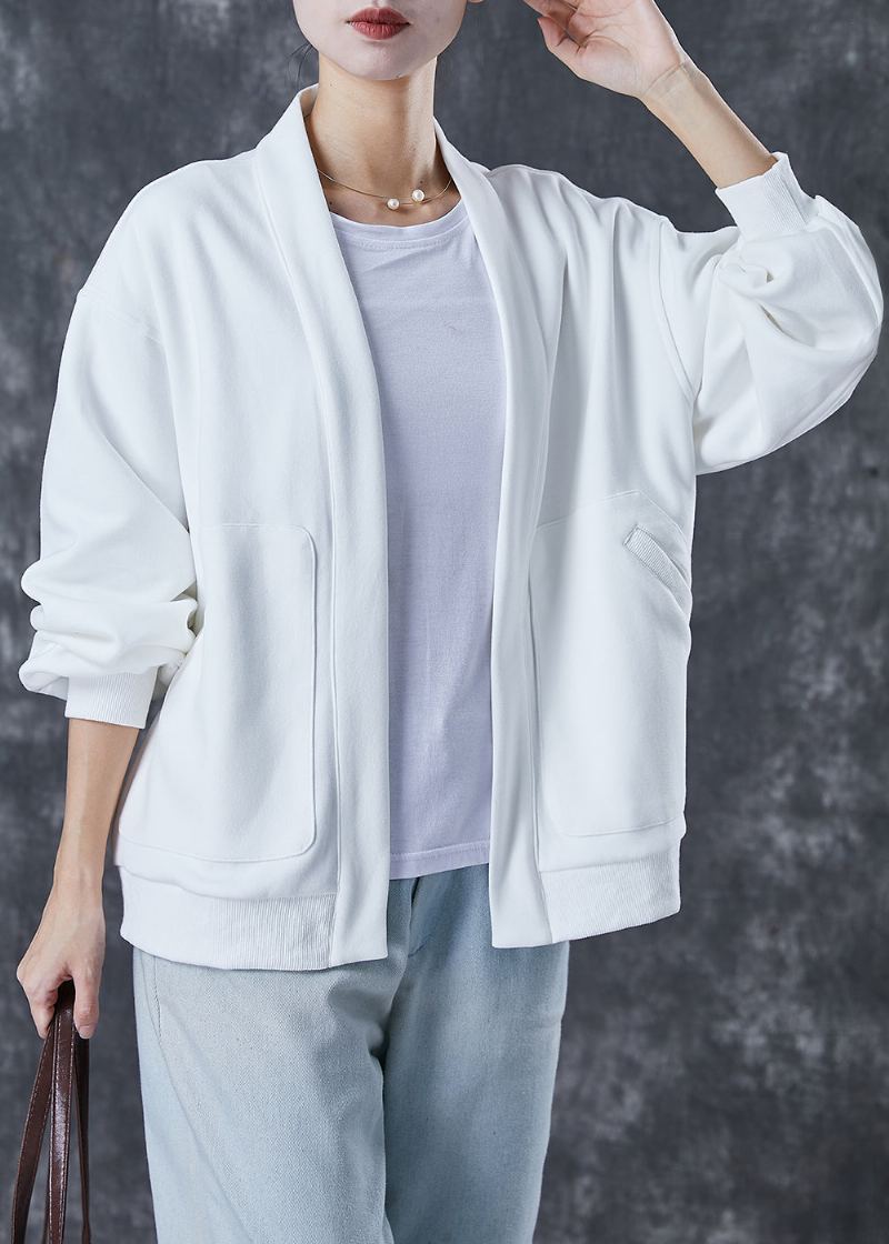 Cardigan En Coton Avec Poches Surdimensionnées Blanches Simples Printemps - Cardigans femmes