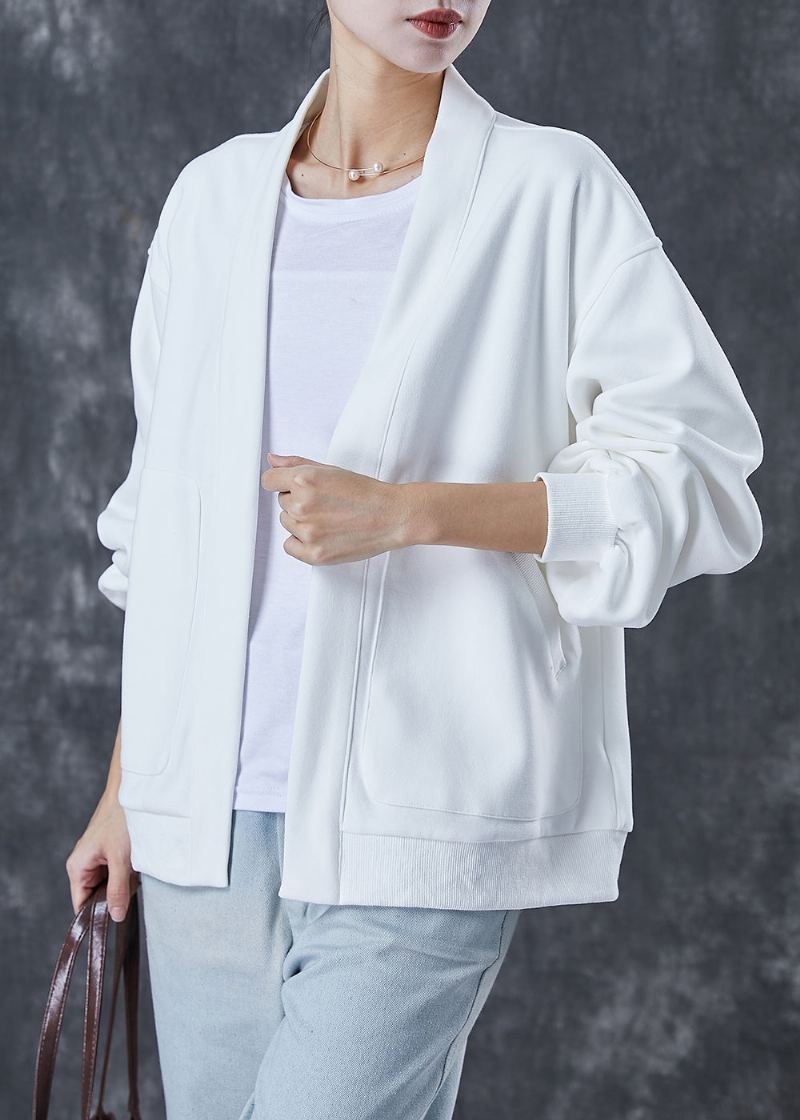 Cardigan En Coton Avec Poches Surdimensionnées Blanches Simples Printemps - Cardigans femmes