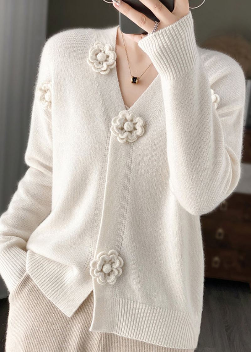 Cardigan Court En Tricot De Cachemire Avec Broderie Florale Blanche Col En V Printemps - Cardigans femmes