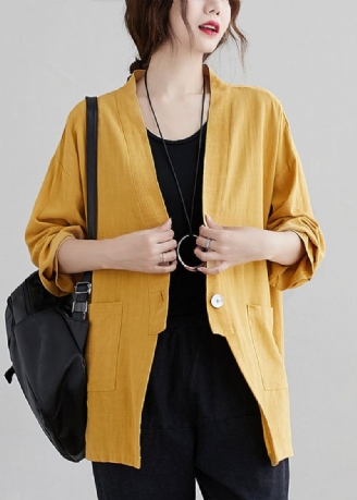 Cardigan Décontracté En Coton Jaune Avec Poches À Col En V Et Patchwork Automne