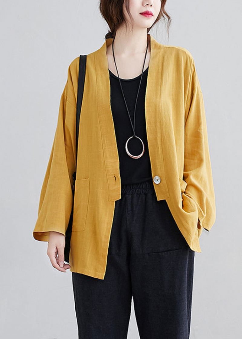 Cardigan Décontracté En Coton Jaune Avec Poches À Col En V Et Patchwork Automne - Cardigans femmes