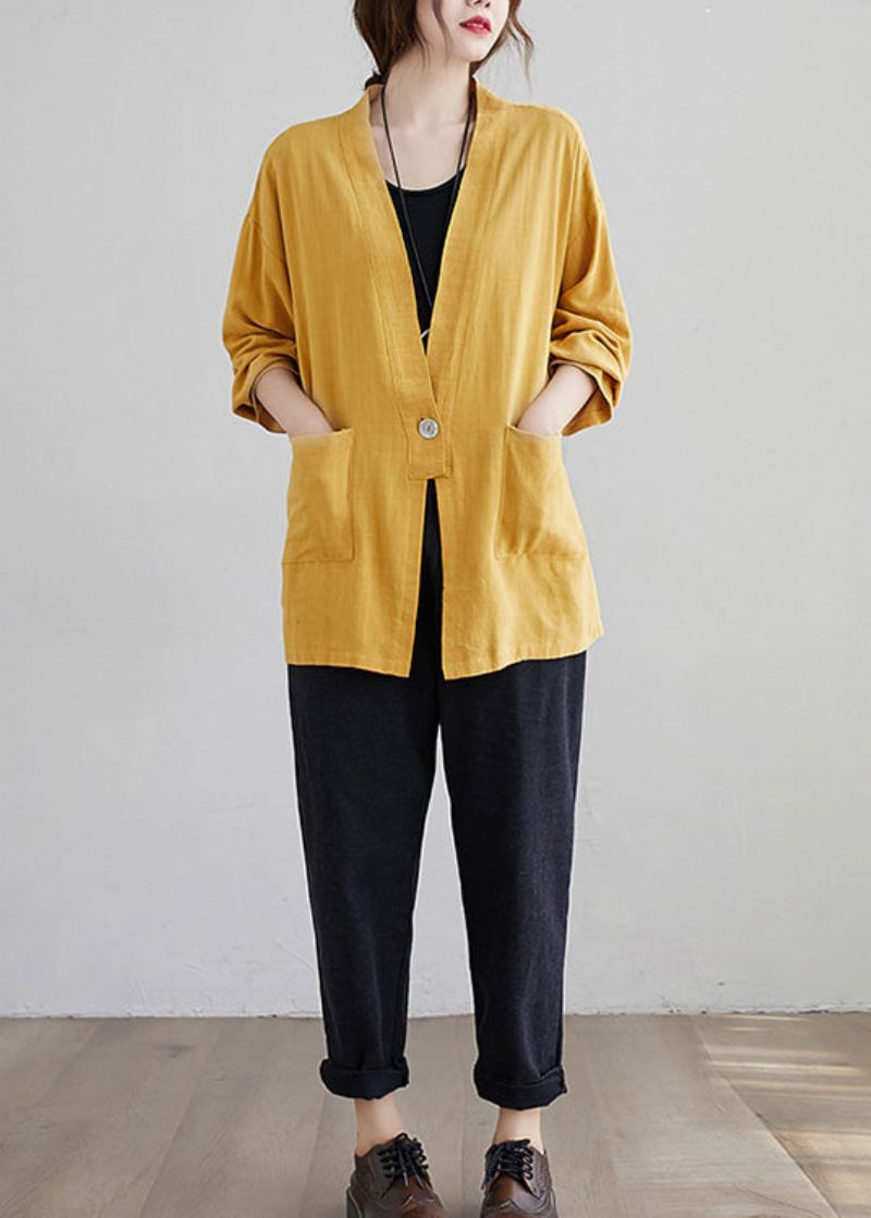 Cardigan Décontracté En Coton Jaune Avec Poches À Col En V Et Patchwork Automne - Cardigans femmes