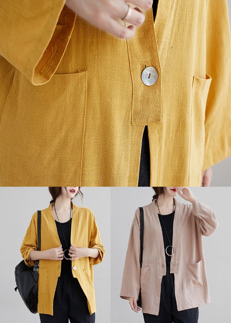 Cardigan Décontracté En Coton Jaune Avec Poches À Col En V Et Patchwork Automne - Cardigans femmes