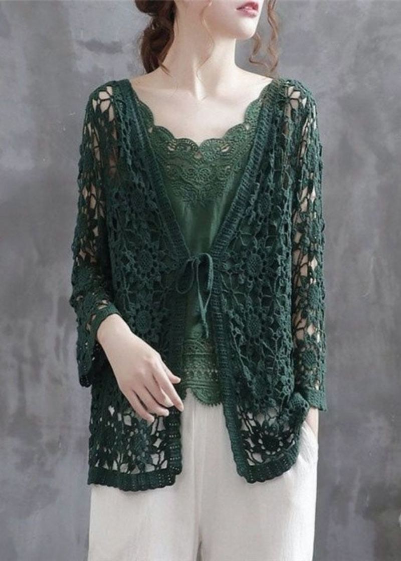 Cardigan Décontracté En Coton Tricoté Vert Noirâtre Ajouré Patchwork Automne