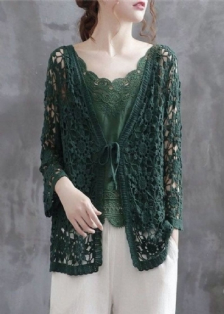 Cardigan Décontracté En Coton Tricoté Vert Noirâtre Ajouré Patchwork Automne