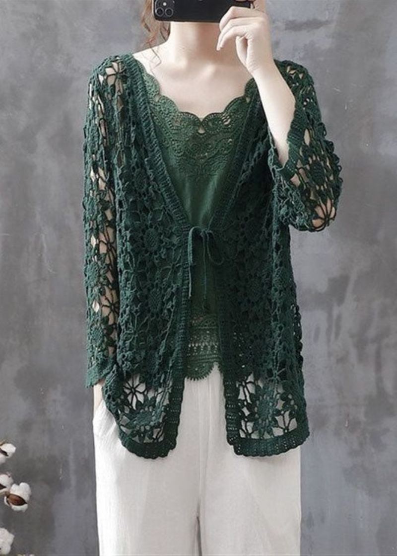 Cardigan Décontracté En Coton Tricoté Vert Noirâtre Ajouré Patchwork Automne - Cardigans femmes