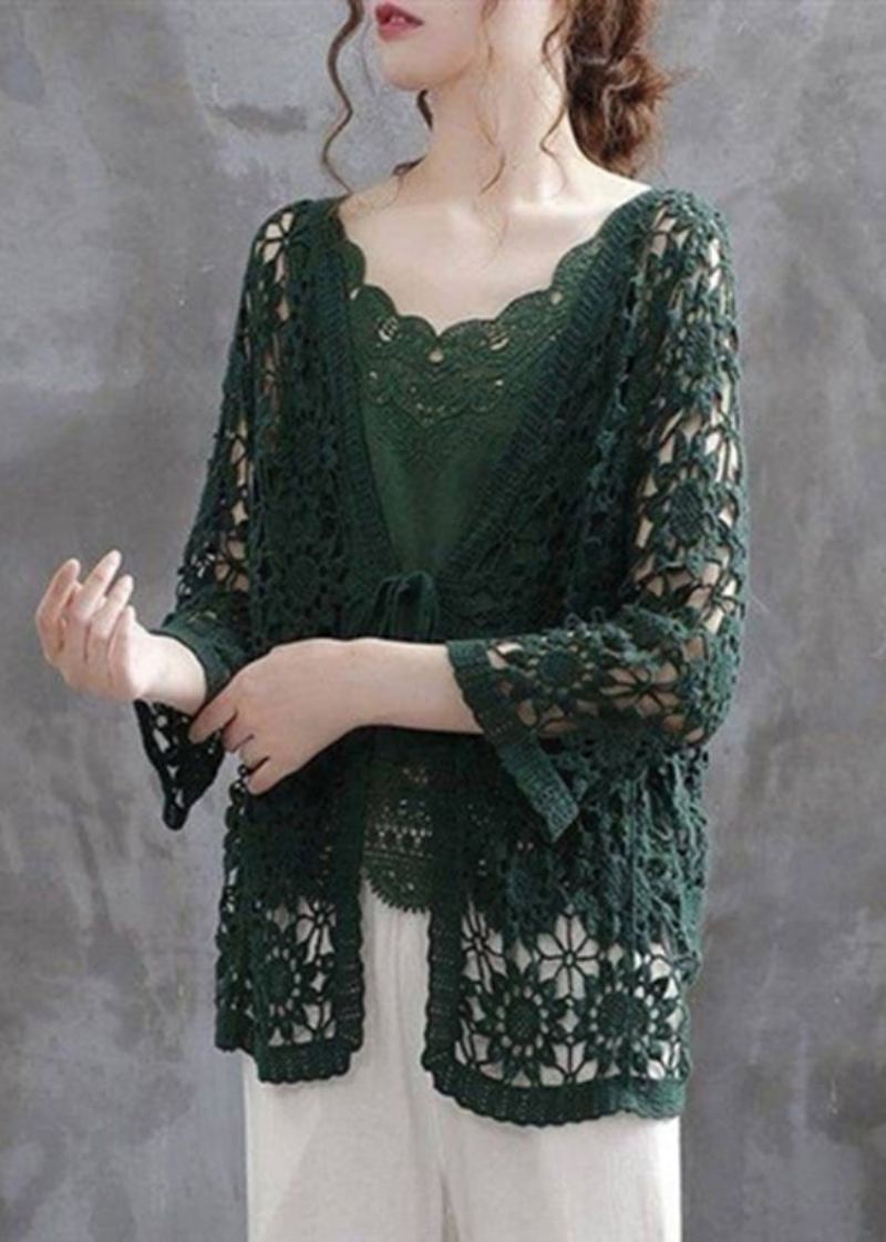 Cardigan Décontracté En Coton Tricoté Vert Noirâtre Ajouré Patchwork Automne - Cardigans femmes