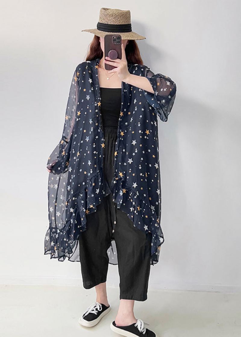 Cardigan Décontracté En Mousseline De Soie Imprimé À Volants Bleu Marine Upf 50+ Été - Cardigans femmes