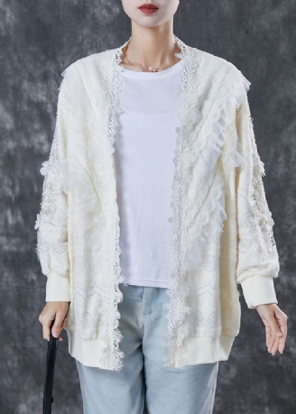 Cardigan En Dentelle Patchwork Blanc Surdimensionné Avec Perles À Ongles Printemps