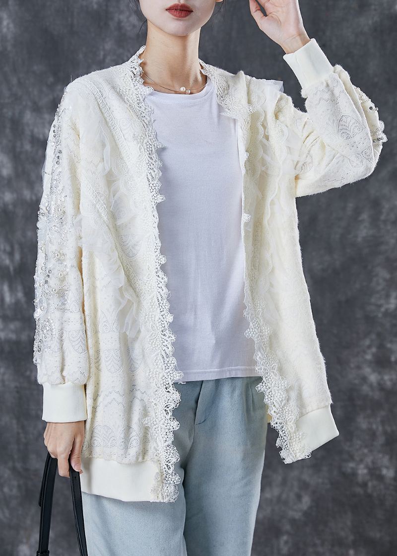 Cardigan En Dentelle Patchwork Blanc Surdimensionné Avec Perles À Ongles Printemps - Cardigans femmes