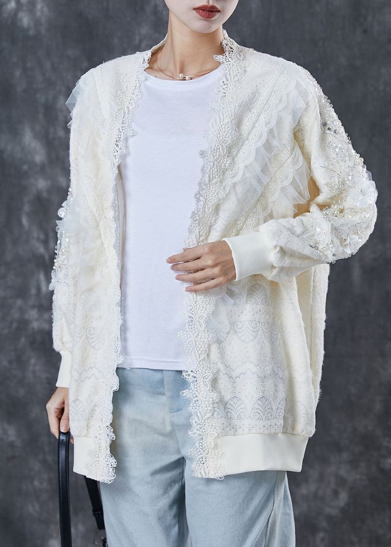 Cardigan En Dentelle Patchwork Blanc Surdimensionné Avec Perles À Ongles Printemps - Cardigans femmes