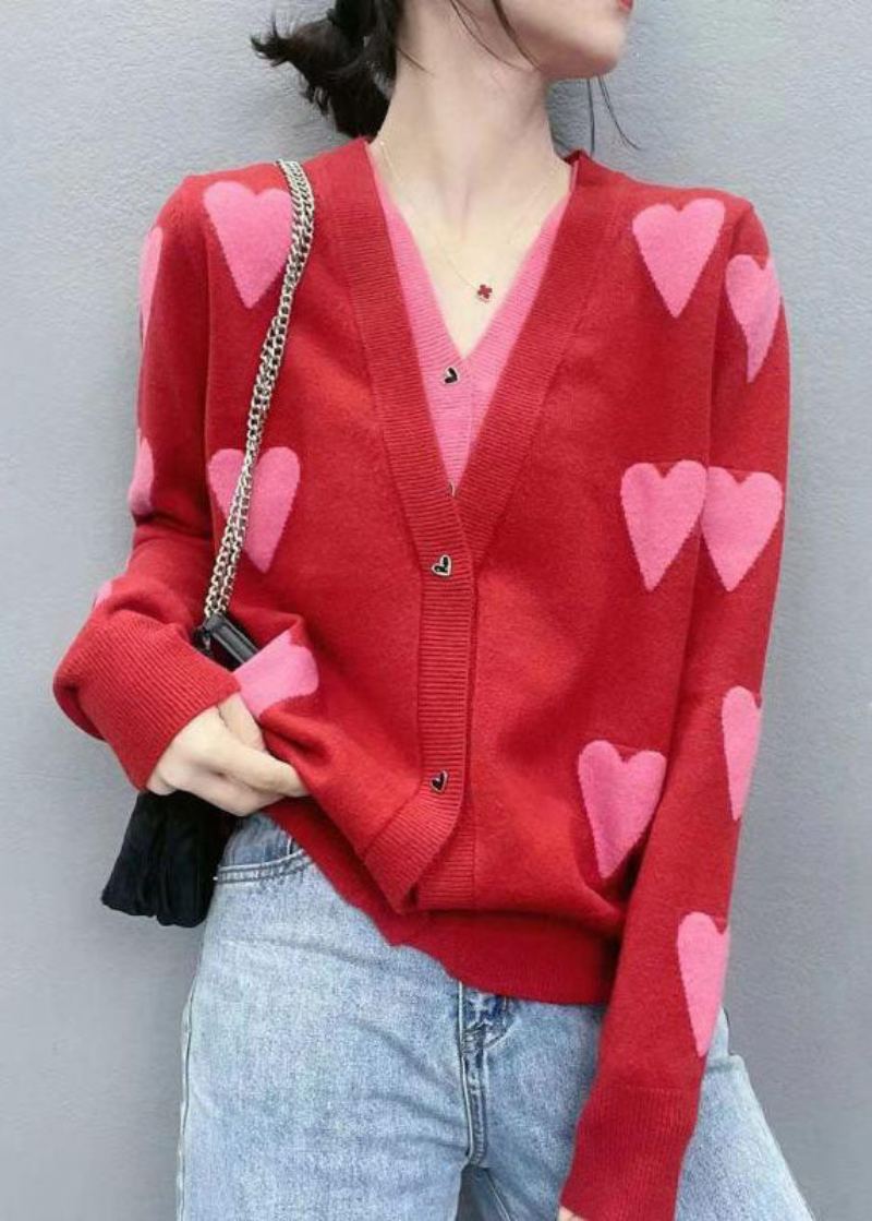 Cardigan Deux Pièces Rouge Moderne Col En V Patchwork D'amour Tricot Jacquard Faux Printemps