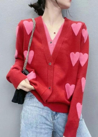 Cardigan Deux Pièces Rouge Moderne Col En V Patchwork D'amour Tricot Jacquard Faux Printemps