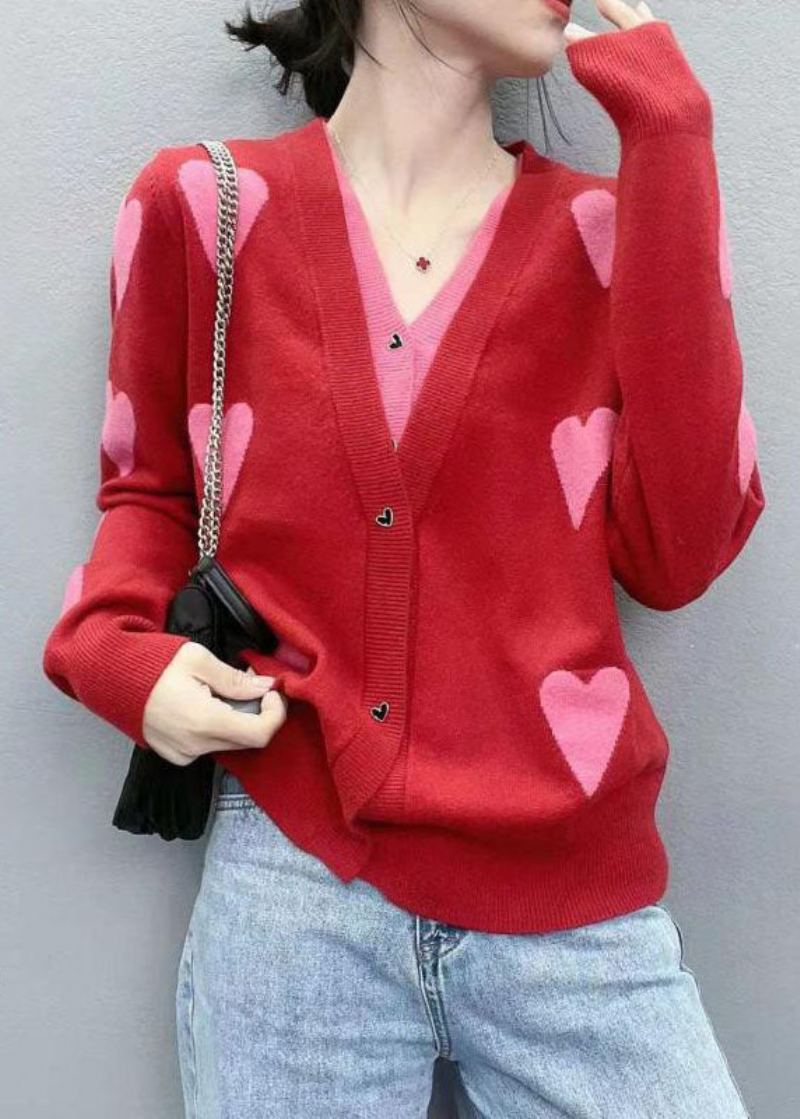 Cardigan Deux Pièces Rouge Moderne Col En V Patchwork D'amour Tricot Jacquard Faux Printemps - Cardigans femmes