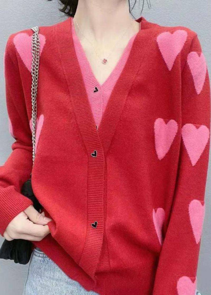 Cardigan Deux Pièces Rouge Moderne Col En V Patchwork D'amour Tricot Jacquard Faux Printemps - Cardigans femmes