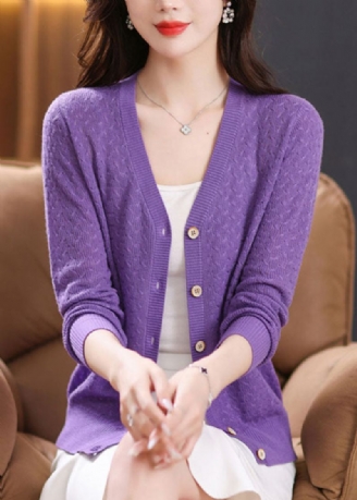 Cardigan Élégant En Tricot Boutonné À Col En V Violet Automne