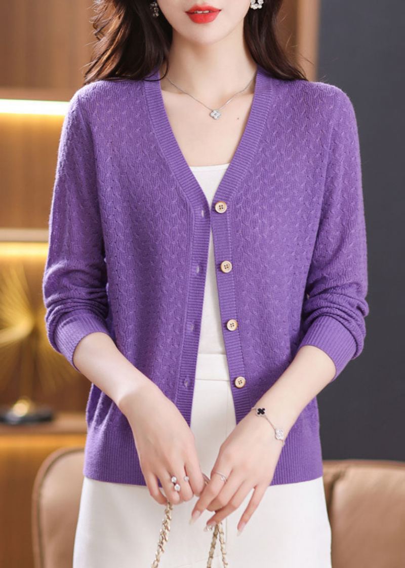 Cardigan Élégant En Tricot Boutonné À Col En V Violet Automne - Cardigans femmes