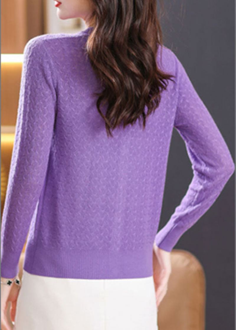 Cardigan Élégant En Tricot Boutonné À Col En V Violet Automne - Cardigans femmes