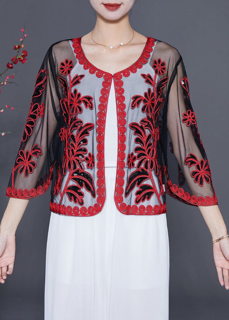 Cardigan D'été Ample En Tulle Brodé De Paillettes Rouges Françaises