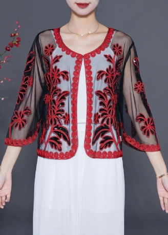 Cardigan D'été Ample En Tulle Brodé De Paillettes Rouges Françaises