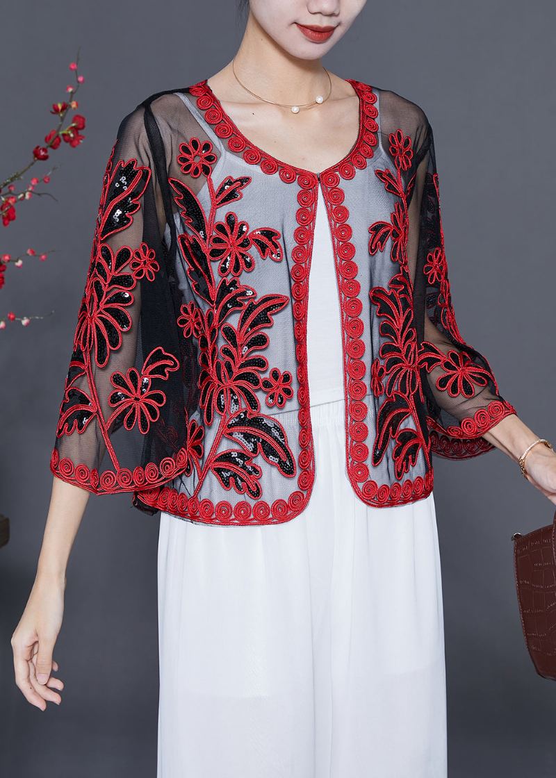 Cardigan D'été Ample En Tulle Brodé De Paillettes Rouges Françaises - Cardigans femmes