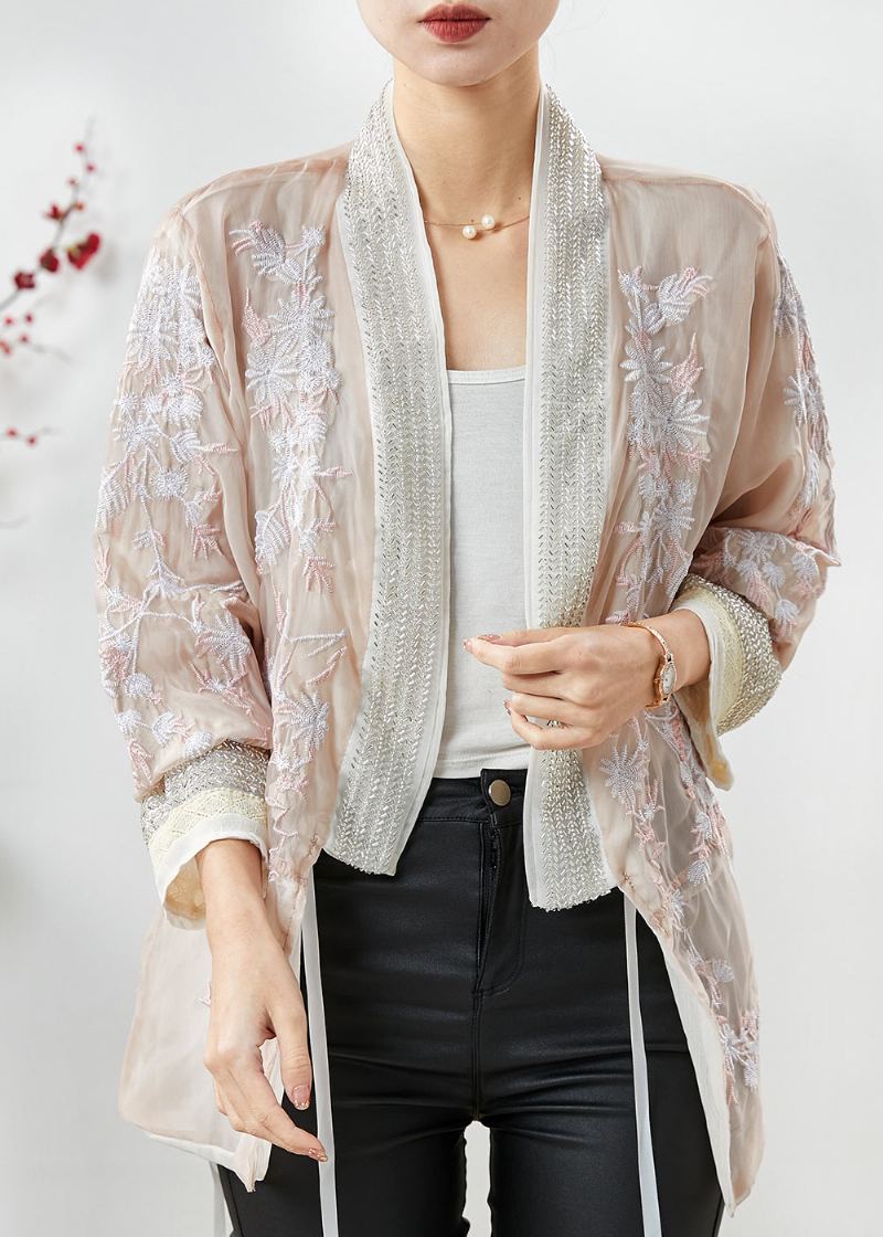 Cardigan D'été En Coton Et Soie Brodé Abricot Pour Femme - Cardigans femmes