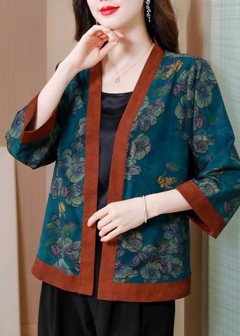 Cardigan D'été En Soie Imprimé Bleu Style Chinois Patchwork