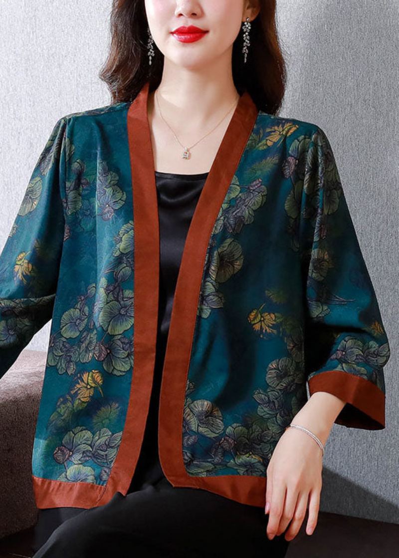 Cardigan D'été En Soie Imprimé Bleu Style Chinois Patchwork - Cardigans femmes