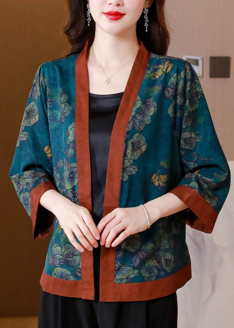 Cardigan D'été En Soie Imprimé Bleu Style Chinois Patchwork - Cardigans femmes